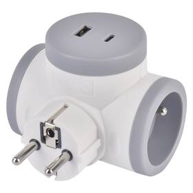 Rozbočovacia zásuvka EMOS 2x zásuvka, 1x USB, 1x USB-C sivá/biela


