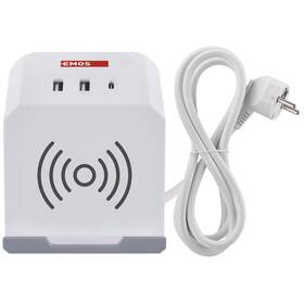 Kábel predlžovací EMOS kocka, 2x zásuvka, 2×USB-A + 1×USB-C+ bezdrôtové nabíjanie, 2m biely

