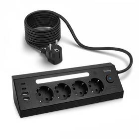 Kábel predlžovací Huslog 15W 4xzásuvka, 2xUSB-C, 2xUSB, 1x LED svetlo čierny

