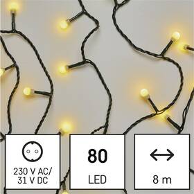 LED reťaz EMOS 80LED cherry reťaz - guličky, 8 m, vonkajšia aj vnútorná, teplá biela, programy, časovač 

