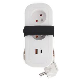 Kábel predlžovací Solight 2x zásuvka, USB A + C 20W, 1,5m biely

