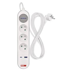  Kábel predlžovací EMOS 3x zásuvka, Fast Charging, 1x USB, 1x USB-C, vypínač, 2 m