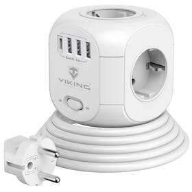 Kábel predlžovací Viking AC CUBE 4x zásuvka, 3x USB, 1x USB-C, 1,8 m biely

