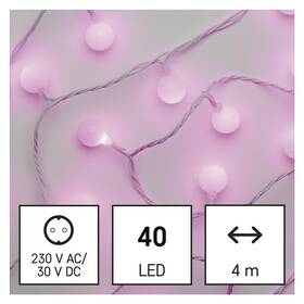 Vianočné osvetlenie EMOS 40 LED cherry reťaz - guličky 2,5 cm, 4 m, vonkajšie aj vnútorné, ružová, časovač 

