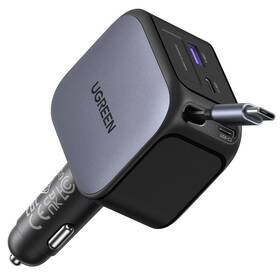 Adaptér do auta UGREEN 2×USB-C, USB, 145W, so zaťahovacím káblom sivý

