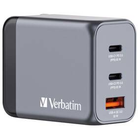 Cestovný adaptér Verbatim GNC-65 GaN 65W, 2x USB-C PD 65W, 1x USB-A QC 3.0 strieborný

