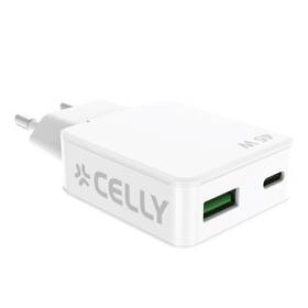 Nabíjačka do siete Celly SLIM USB-C/USB-A GaN, 45 W biely

