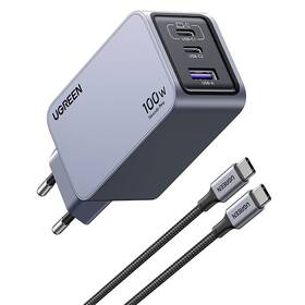Nabíjačka do siete UGREEN Nexode Pro 100 W GaN, 1x USB. 2x USB-C sivá

