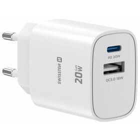 Nabíjačka do siete Swissten EDGE GaN 1x USB-C PD 20W/1x USB-A 18W QC biela


