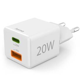 Nabíjačka do siete Hama USB-C + USB-A, PD/QC, 20 W biela

