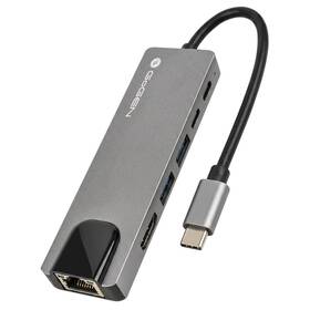 USB Hub GoGEN USB-C, 1x USB-C 3.1, 1x USB-C power, 2x USB-A 3.0, HDMI, RJ-45 sivý

