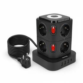 Kábel predlžovací Huslog 15W 8xzásuvka, 1xUSB-C, 3xUSB, 1x LED svetlo čierny

