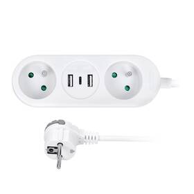 Kábel predlžovací Solight 2x zásuvka, 2x USB + 1x USB-C, 1,5 m biely


