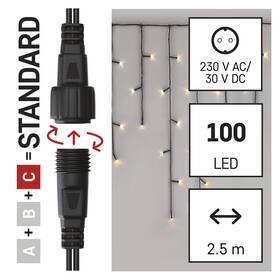 Spojovacia reťaz EMOS 100 LED Standard - cencúle, 2,5 m, vonkajšie, teplá biela, časovač 
