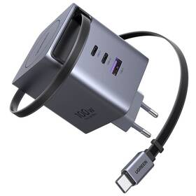 Nabíjačka do siete UGREEN GaN, 3×USB-C, USB, 100W, so zaťahovacím káblom sivá

