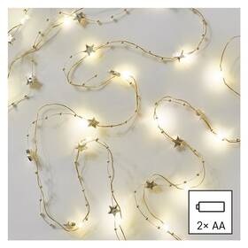 Vianočné osvetlenie EMOS 20 LED řetěz zlatý – hvězdičky, 1,9 m, 2x AA, vnitřní, teplá bílá, časovač 

