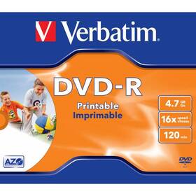 Disk Verbatim DVD-R 4,7GB, 16x, printable, jewel box, 1ks 
