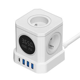 Kábel predlžovací Viking ACT44, 4x zásuvka, 3× USB-A a 1× USB-C, vypínač, 2m biely

