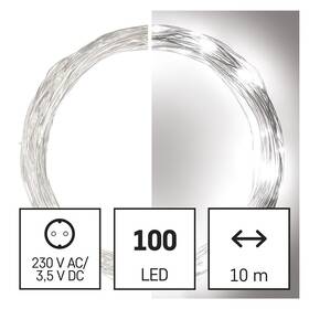 Vianočné osvetlenie EMOS 100 LED nano reťaz strieborná, 10 m, vonkajšia aj vnútorná, studená biela, časovač 

