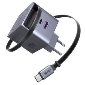 Nabíjačka do siete UGREEN GaN, 2×USB-C, USB, 45W, so zaťahovacím káblom sivá

