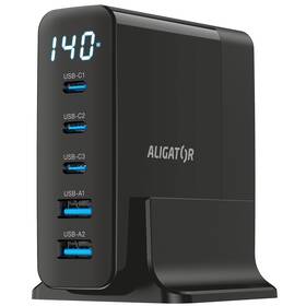 Nabíjačka do siete Aligator GaN Power Station 140W, 3× USB-C, 2× USB-A čierna

