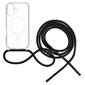 Kryt na mobil FIXED MagPure Neck s čiernou šnúrkou na krk na Apple iPhone 16 Plus priehľadný

