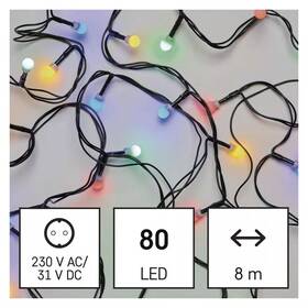 Vianočné osvetlenie EMOS 80 LED cherry reťaz - guličky, 8 m, vonkajšie aj vnútorné, multicolor, časovač 

