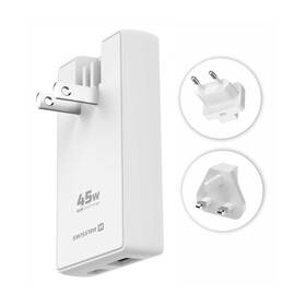 Cestovný adaptér Swissten GaN USB-C + USB-A, 45W (US, EU, UK) biely

