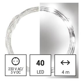 Vianočné osvetlenie EMOS 40 LED nano reťaz strieborná, 4 m, vonkajšia aj vnútorná, studená biela, časovač 

