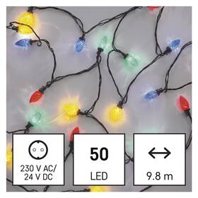 Vianočné osvetlenie EMOS 50 LED reťaz, farebné žiarovky, 9,8 m, multicolor, multifunkcia 

