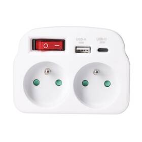 Rozbočovacia zásuvka Solight 2x16A, USB A+C rychlonabíječka 20W, vypínač biela

