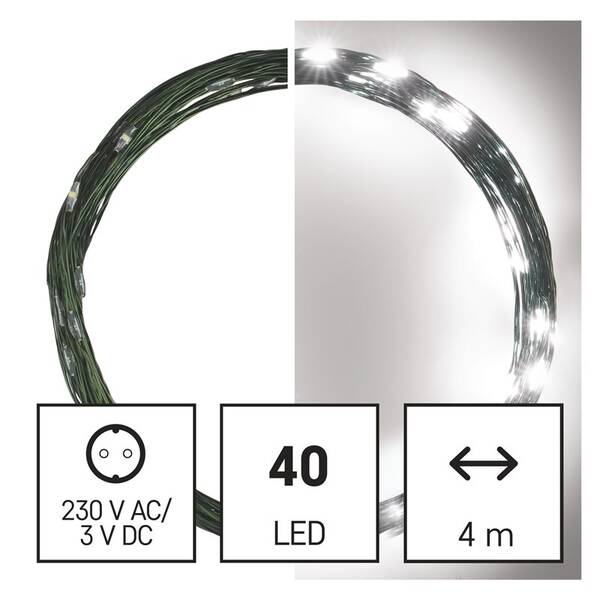 Vianočné osvetlenie EMOS 40 LED nano reťaz zelená, 4 m, vonkajšia aj vnútorná, studená biela, časovač 

