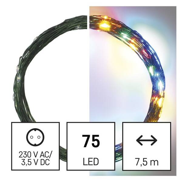 Vianočné osvetlenie EMOS 75 LED nano reťaz zelená, 7,5 m, vonkajšia aj vnútorná, multicolor, časovač 

