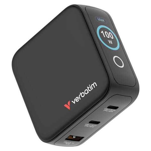 Cestovný adaptér Verbatim Mini GaN LCD, 2x USB-C PD 100 W, 1x USB-A QC 3.0, černá čierny

