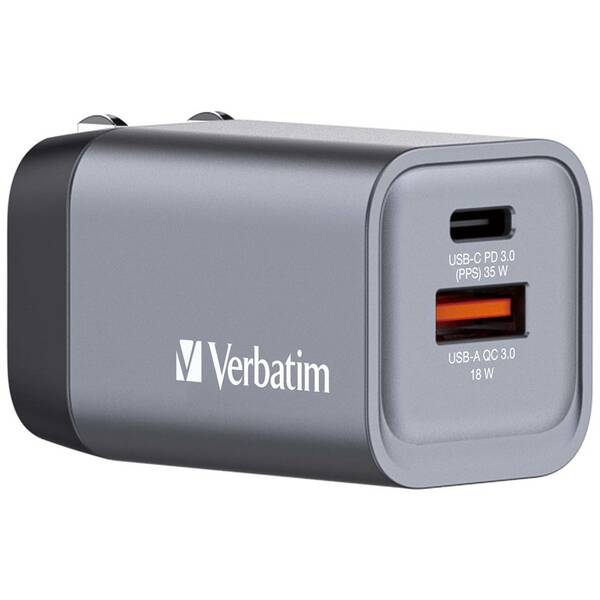 Cestovný adaptér Verbatim GNC-35 GaN 35W, 1x USB-C PD 35W, 1x USB-A QC 3.0 strieborný

