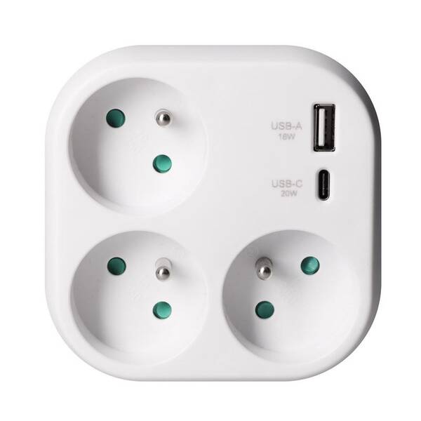 Rozbočovacia zásuvka Solight 3x16A, USB A+C rychlonabíječka 20W biela

