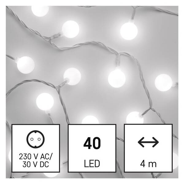 Vianočné osvetlenie EMOS 40 LED cherry reťaz - guličky 2,5 cm, 4 m, vonkajšie aj vnútorné, studená biela, časovač 

