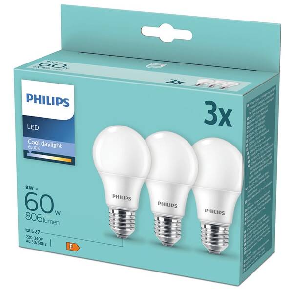LED žiarovka Philips klasik, 8W, E27, chladná denná, 3ks 


