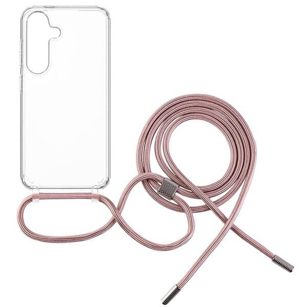 Kryt na mobil FIXED Pure Neck s ružovou šnúrkou na krk na Samsung Galaxy S25 priehľadný


