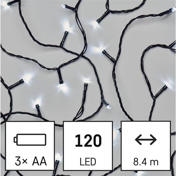 Vianočné osvetlenie EMOS 120 LED reťaz, 8,4 m, 3x AA, vonkajšie aj vnútorné, studená biela, časovač 

