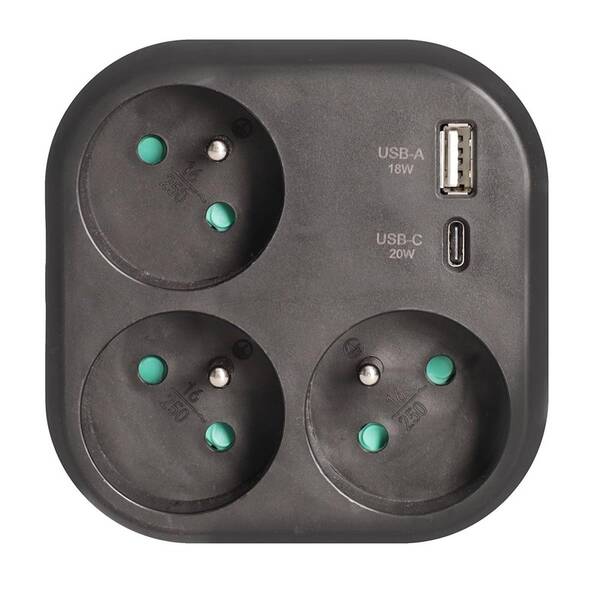 Rozbočovacia zásuvka Solight 3x16A, USB A+C rychlonabíječka 20W čierna

