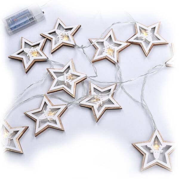 Vianočné osvetlenie Solight reťaz - hviezdy, 10x LED, drevo, 1,5m, 2x AA 

