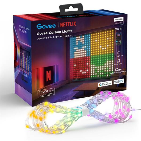 Vianočné osvetlenie Govee Netflix RGBIC Curtain Light 400 LED - 1,5 x 1,5m biele

