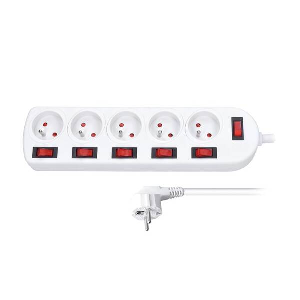 Kábel predlžovací Solight 5x zásuvka, 6x vypínač, 2 m biely

