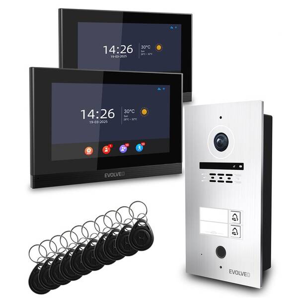 Dverný videotelefón Evolveo ID-2, pre dva byty s RFID, odtlačkom prsta a podporou ONVIF kamier čierny/nerez

