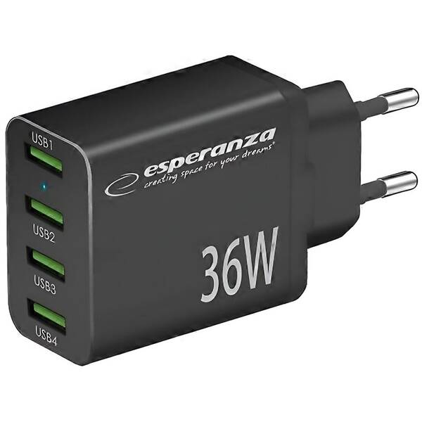 Nabíjačka do siete Esperanza EZC107K 4x USB 36 W PD čierna

