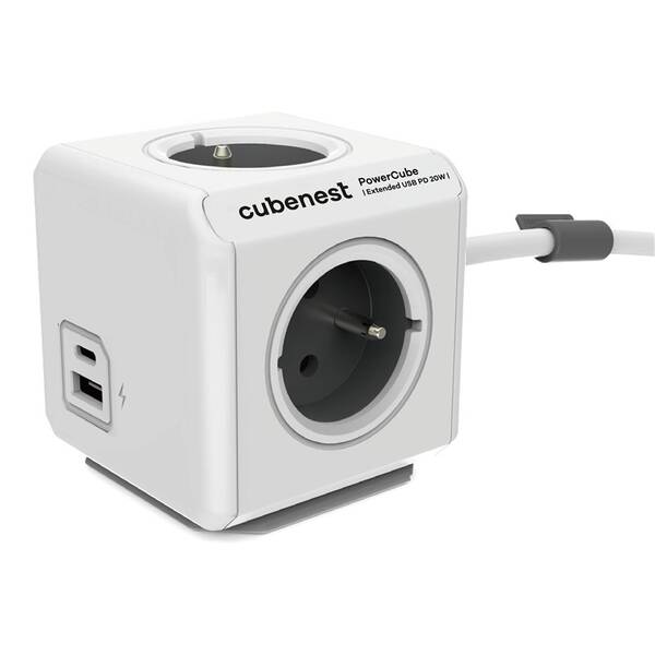 Kábel predlžovací Cubenest Powercube Extended USB PD 20W, USB, USB-C, 4x zásuvka, 1,5m sivý/biely

