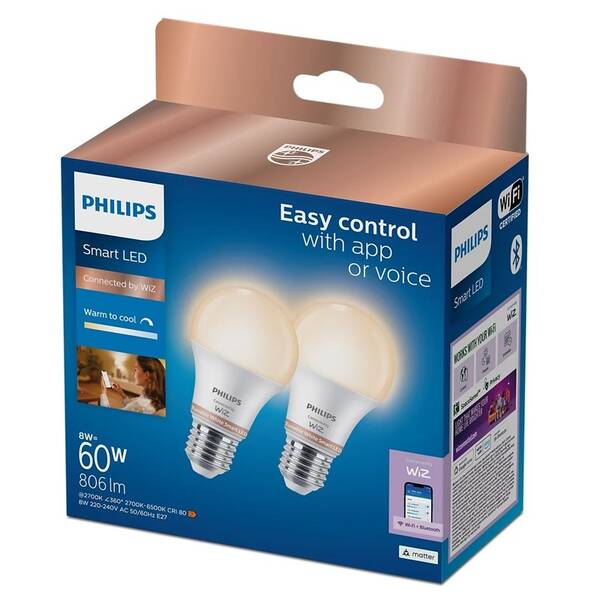 Inteligentná žiarovka Philips Smart LED Smart LED 8W, E27, Tunable White, 2ks 

