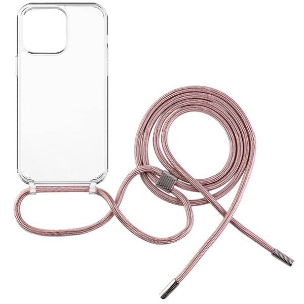 Kryt na mobil FIXED Pure Neck s ružovou šnúrkou na krk na Apple iPhone 13 Pro priehľadný

