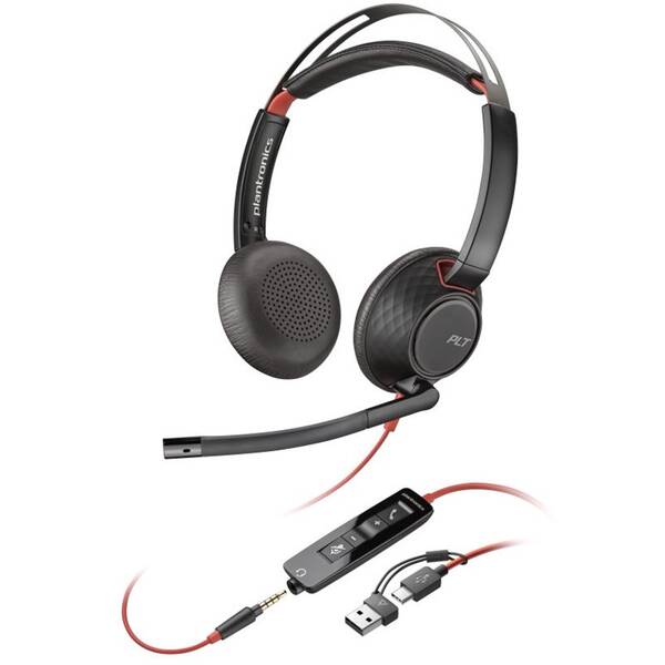 Headset HP Poly Blackwire 5220, 3,5 mm jack + USB-C/A adaptér, stereo čierny

